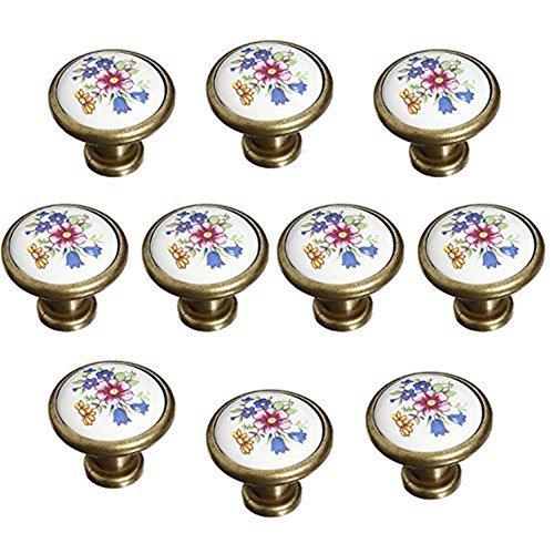 Tiradores, CAMAL 10pcs Continental Cobre Antiguo Cerámica Pomo y Tiradores de Puerta Cajón Mueble 32mm (Flor Azul)
