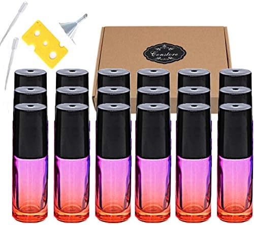 ConStore Essential Oil Roll On Bottle Gradient Color Roller Bottles 5ml Thick Glass Roller Ball Containers (18Pack,Rainbow Glass,1pc Opener&Box&Funnel,2pcs Dropper) Travel Perfume Metal Ball Vials