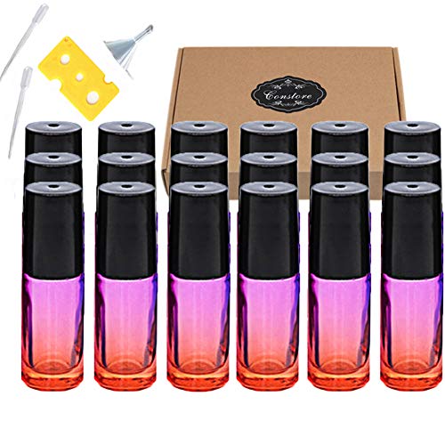 ConStore Essential Oil Roll On Bottle Gradient Color Roller Bottles 5ml Thick Glass Roller Ball Containers (18Pack,Rainbow Glass,1pc Opener&Box&Funnel,2pcs Dropper) Travel Perfume Metal Ball Vials