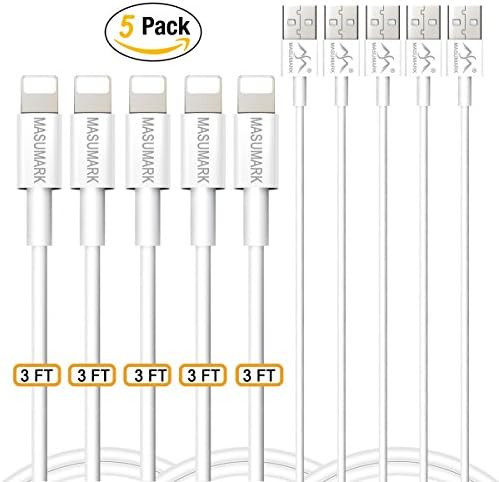 MASUMARK USB Charger Cables with Charging Connector for iPhone X/ 8/ 7/ 7 Plus/ 6S/ 6 Plus/ 6S Plus/ 5S/ 5C/ SE/ iPad Air/ Mini/ iPod Nano 7 7th Gen, iOS 9, 10, 11 (3FT - 5 PACK)