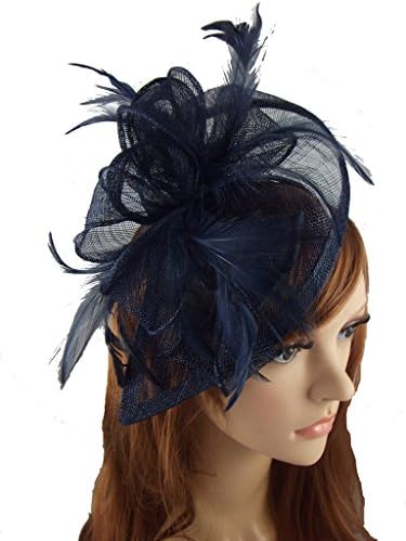 Navy Dark Blue Sinamay &amp; Feathers Teardrop Fascinator - Occasion Wedding Races