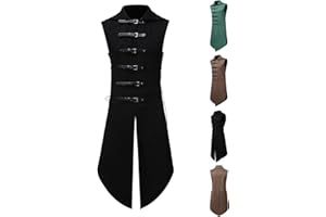 VPQILH Mens Medieval Renaissance Coat UK Sale Gothic Vintage Jackets Faux Leather Buckle Blazer Full Length Overcoat Sleeveless Outerwear Lapel Waistcoat Victorian Carnival Uniform Halloween Cosplay Costume