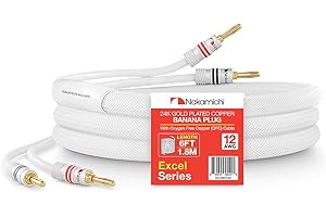 Nakamichi Excel Series Conector tipo banana chapado en oro de 24 quilates con cable de altavoz (6 pies) 99.9% cobre libre de oxígeno (OFC) trenzado resistente - Blanco (12 AWG / 6 pies / 1.8 m)