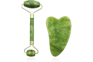 WUFKOP 2 PCS Kits de Massage Jade Roller et Gua Sha, Rouleau Facial anti-âge Naturel pour le rajeunissement du visage, le massage amincissant du visage et la relaxation des muscles du visage et du cou