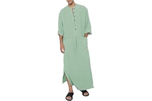 YAOHUOLE Męski kaftan z dekoltem w serek z długim rękawem, kaftan, męski, długi guzik, wysokie Thobe, z bawełny, z kieszeniami