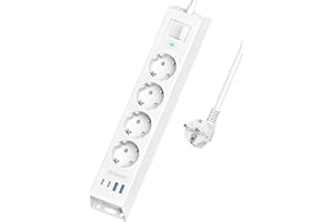 SUDEERY Multiprise 4 prises avec USB C, 8 en 1, montage mural avec interrupteur et câble de 2 m, multiprise avec parasurtenseur pour bureau, cuisine (blanc)