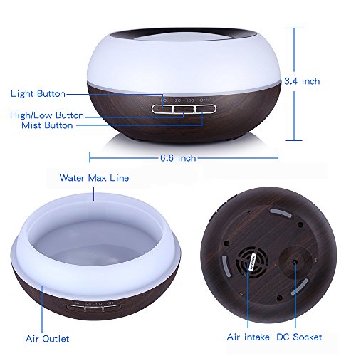 Aroma Diffuser, YCTA 300ml Holzmaserung Luftbefeuchter Ultraschall Öl Diffusor Duftzerstäuber Humidifier Aromatherapie Diffusor Tragbarer mit 7 Farben LED Licht für Babies Kinder(WOOD1-Dark Brown) - 4