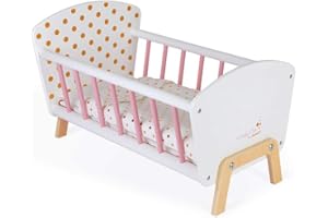Janod - Lettino Candy Chic - Lettino da Bambola in Legno con Materasso + Copertina + Cuscino - Colori Delicati, Riflessi Scintillanti - Accessori per Bambole - Da 3 a 6 Anni, J05889