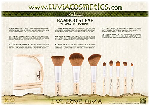 Luvia Cosmetics – Bamboo’s Leaf – Make-Up Pinsel-Set aus nachhaltigem Bambus mit 8 Pinseln und praktischer Aufbewahrungstasche aus Leinen Ð Echtes Taklon Haar – Vegan und für Tierhaarallergiker geeignet - 8
