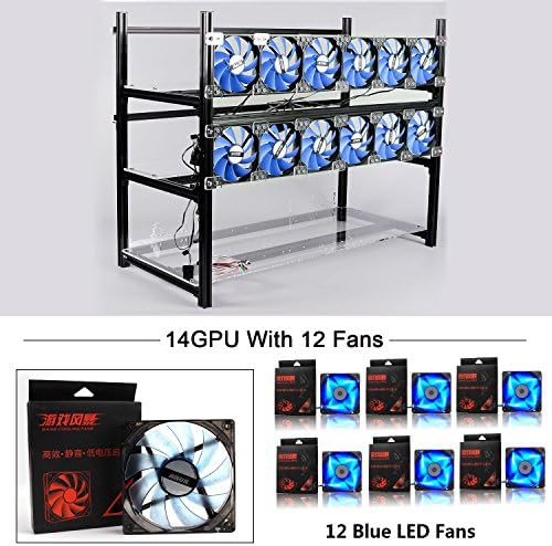 RuiXinFeng 14 GPU Mining Rig Aluminum Stackable Case With 12 LED Fans Open Air Frame Miner Kit For ETH/ZEC/Bitcoin/Decred/Z Cash (Black-BF)
