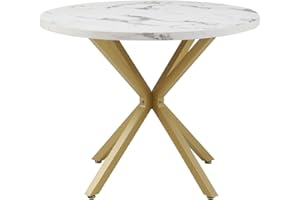 ‎JZGORC JZGORC Modern Round Dining Table, Industrial Sheet Dining Table, Dining Table with Gold-Plated Metal Legs, Table for Living Room or Kitchen, Nordic Dining Table for 4-6 People, 100 cm - Marble Texture