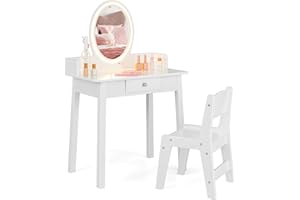 RELAX4LIFE Toeletta Trucco per Bambina con Luci LED, Specchiera Trucco con Sgabello, Toeletta in Legno, Specchio Rimovibile, per Bambini 3+ Anni, LC54678ALIT