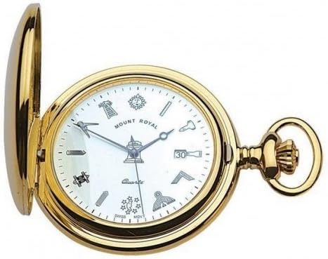 Mount Royal Gold Tone Full Hunter Swiss 17 Jewel Quartz Pocket Watch With Masonic Dial