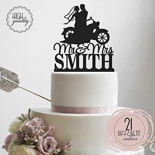 Bride &amp; Groom Riding A Motorcycle Chopper HD Bike Mr Mrs Biker Personalised Wedding Cake Toppers Personalised Last Name