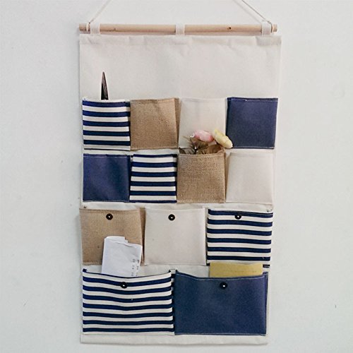 aihome New Style Baumwolle Stoff größere 13 Taschen Wand Tür zum Aufhängen von Kleidung Aufbewahrungstasche Organizer Retro Navy stripe-blue - 4