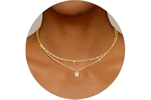 Dochais Necklace Ladies 14K Gold Plated Zirconia Pendant Necklace Gold Square Solitaire Choker Waterproof Mini CZ Necklace Layered Chain Silver/Gold Chains Necklace Jewellery