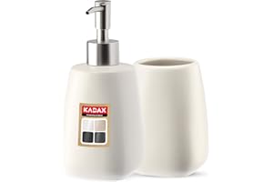 KADAX 2-teiliges Badezimmer Set aus Keramik, Badaccessoires, Badzubehör, Seifenspender, Badezimmerbecher, Seifenschale und WC-Bürste (Becher&Spender Weiß)
