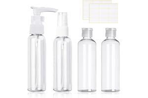 ZWZNBL Zestaw przezroczystych butelek podróżnych o pojemności 100 ml, butelki z rozpylaczem, pojemniki na płyny do wielokrotnego napełniania na balsam, płyn do mycia ciała, szampon z 2 etykietami