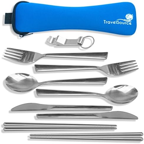 Camping cutlery - 2 person set. Includes 2 sets of cutlery, chopsticks & a bottle opener stored in a washable neoprene bag. Perfect for camping, hiking & picnics. By Travelsource.