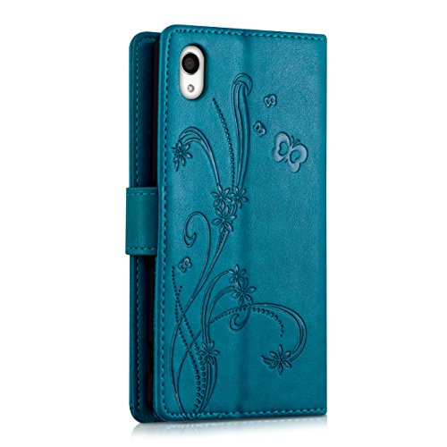 kwmobile Funda para Sony Xperia M4 Aqua - Wallet Case Plegable de Cuero sint  tico - Cover con Tapa Tarjetero y Soporte Dise  o Zarcillos y Mariposas en Azul Oscuro