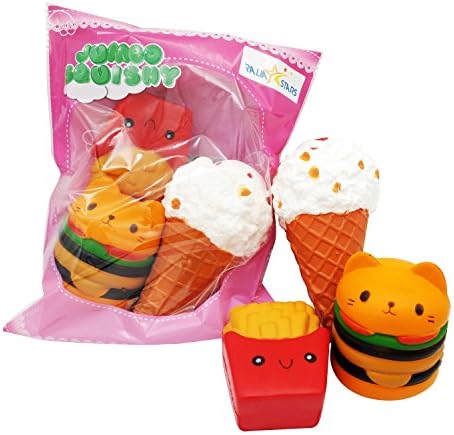 RALIA STARS SLOW RISING JUMBO SQUISHIES IN A GIFT WORTHY PINK BAG: Fries, Hamburger &amp; Ice cream Soft Stress Relief Toys.