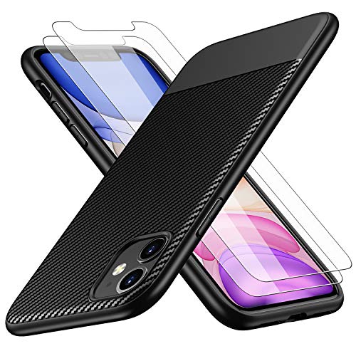Coque iPhone 11, Losvick Silicone Cover [ 2x Film de Verre trempé ] Housse Ultra Mince Matte Case Flexible Souple TPU Protection Bumper Anti-choc Anti-Rayures Etui pour iPhone 11 - 6.1''- Noir