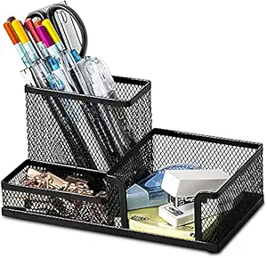 DELINGER 3 Compartment Metal Mesh Desk Organizer Stationery Pen Stand for Office Study Table (Black Color)