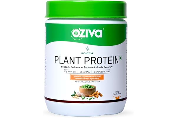 OZiva Bioactive Plant Protein (Mango), 500g 25g Protein,5.5 BCAA Pea Isolate Plant based Protein Powder for Women & Men Essential Amino Acids Vegan Protein supplement, Clean, Sugar free.