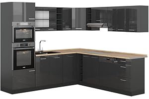 Vicco Cuisine en Angle R-Line, Anthracite Brillant/Anthracite, 237x60cm sans PT