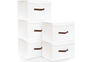 Yawinhe Lot de 5 Boîte de Rangement, Pliable de avec Couvercle, Caisse de Rangement, pour Serviettes, Vêtements, 45x30x30cm, Blanc, SNK018WL-L-5