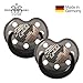 Produktbild ROCK STAR BABY® by Tico Torres Schnuller 2er Set inkl. Schutzkappen - Silikon Nuckel Größe 3, ab 18 Monate, kiefergerechter Beruhigungssauger für Babys - Snake, schwarz