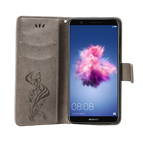 OFUÂ® Custodia in Pelle Originale per Huawei P Smart,Cover in Pelle Huawei P Smart,Vintage Portafoglio Pieghevole,[Slot per Schede] [Chiusura Magnetica] [Funzione Stand] Flip Cover Per Huawei P Smart(grigio)