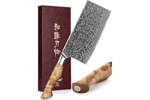 HEZHEN Damas Couperets-Forgé Acier Damas Boucher Couteau à Hachoir-Couteau de Chef Chinois Professionnel-Manche en Bois de Sycomore Figuré