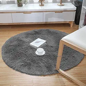 Cambik Indoor Round Fluffy Soft Area Rugs with Anti-Skid Base for Kids Girls Room Shaggy Carpet Cute Circle Rug for Bedroom Living Room Home Decor Circular Carpet (2 X 2 Feet, Dark Grey)