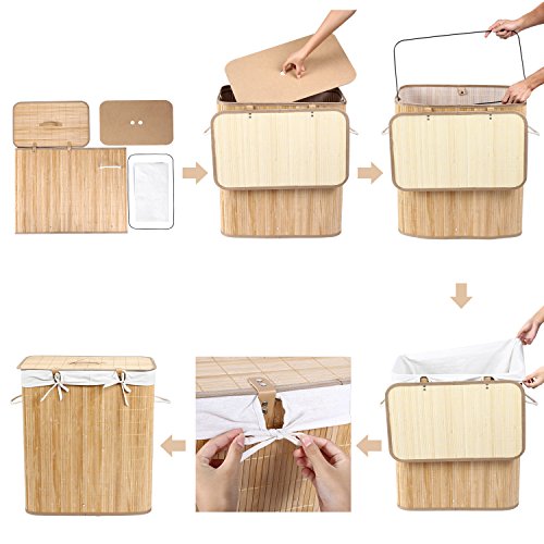 Homitex Groß 100L Bambus Faltbar Wäschekorb mit 2 Fächern H x B x T: ca. 60 x 54 x 33 cm LIGHTS&DARKS Wäschebox Wäschesammler mit fest fixiertem Wäschesack und Deckel (Natur) - 5