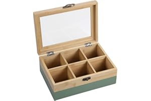 Kesper® | Tee-Box, Material: FSC®-zertifizierter-Bambus – 6 Fächer – mit Sichtfenster & Retro-Verschluss – Teebox zur Aufbewahrung, Maße: 21,5x15x8,5 cm – ohne Tee, Farbe: Grün-Natur | 58941