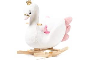 ATAA Cheval à Bascule (Cygne) en Forme de Cygne Blanc pour Enfant en Peluche Douce et Non-Toxique pour Les bébés, avec poignées, Base en Bois, mélodie, idéal pour décoration de Chambre d'enfant