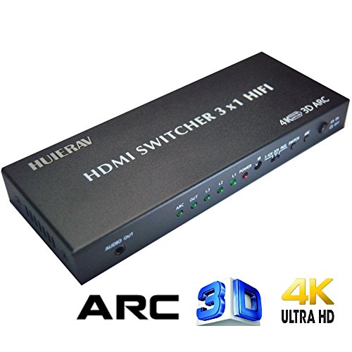 huierav HDMI Switch 3 x 1 mit Audio (HDMI Audio Extractor | HDMI ARC Extractor | mit optischer Toslink SPDIF Koaxial Audio L/R Out | 4 Kx2 K/30Hz, 1080P, 3D