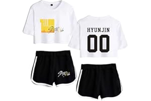 Flyself Kpop Stray Kids T-Shirt Tracksuits Yellow Wood Two-Piece Crop Tops+Shorts Set Bang Chan Changbin Hyunjin Felix Seungmin Jeongin Jisung Minho Woojin