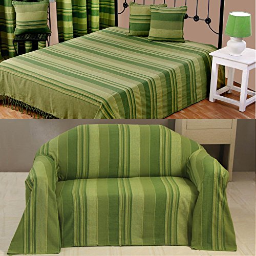 Homescapes - Morocco Textured Stripe Throw - 90 x 100 Inches - Green - Handmade 100% Cotton - Suitable for most 3 Seater Sofas - Double King bedspreads - Easy care washable at home