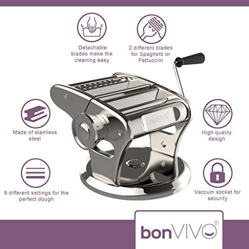 bonVIVO® Pasta Mia (NEUES DESIGN) Nudelmaschine aus Edelstahl in Chrom-Look, für den italienischen Pasta-Genuss aus der eigenen Küche, mit rutschfesten Ansaugsockel - 2