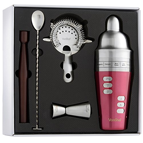 VonShef Cocktail Shaker Set mit gedrehtem Barlöffel, 15 eingravierten Rezepten, Hawthorne-Sieb, 25ml & 50ml Messbecher & Holz-Stößel – Rot – Zwei Jahre KOSTENLOSE Gewährleistung - 6