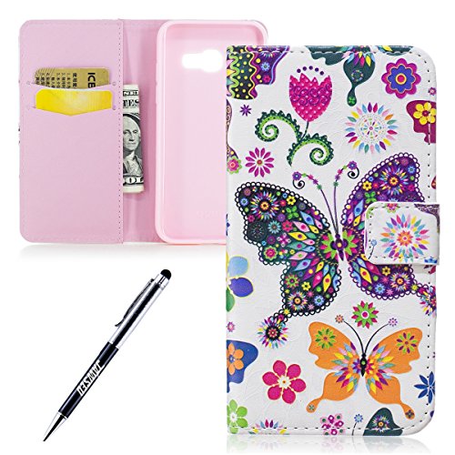Galaxy A5 2017 Hülle,Samsung Galaxy A5 2017 Handycover,JAWSEU Schön Bunt Schmetterling Muster Pu Leder Wallet Brieftasche Cover Magnetverschluss Book Style Handyhülle Schutzhülle Ledertasche Case Cover Etui mit[Ständerfunktion] und [Kartenfächer] für Samsung Galaxy A5 2017+1xSchwarz Glitzer Bling Eingabestift-Bunt Schmetterling