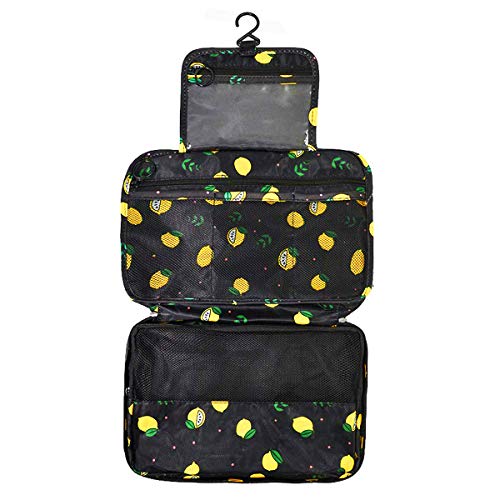 Bolsa de Aseo Colgante Maquillaje portátil Organizador cosmético Bolsa, Neceser de Cosmético Baño Organizador Bolso Impermeable de Gran Capacidad con Gancho para Chica y Mujeres, Limón Negro