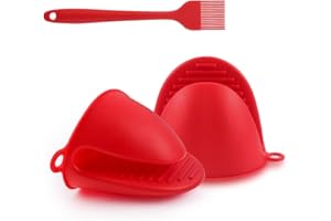 FACIACC Silicone Oven Mitts Mini Oven Gloves Heat Resistant for BBQ Cooking Baking Non-Slip Pot Holder with Oil Brush Thicken Kitchen Gloves for Oven, Air Fryer, Red