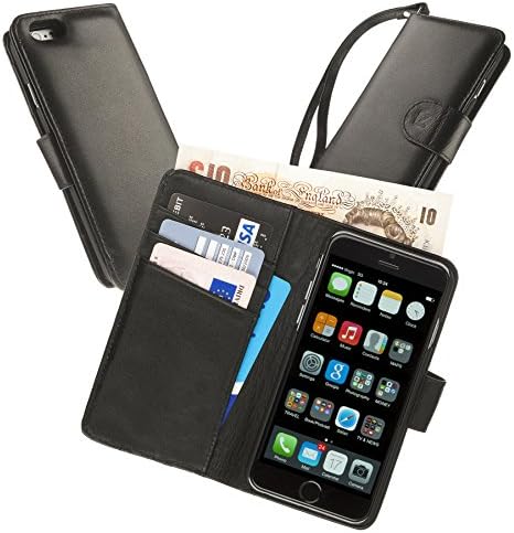 Fonerize Manhattan Real Leather Wallet Cover Case with Card Holder and Note Pocket for Apple iPhone 6/6S - Black