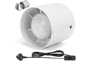 XIIW Inline Extractor Fan 100mm/4 Inch with 3M Cable, 130 m³/h 2200RPM Silent Duct Ventilation Fan with Backflow Flap for Bathroom, Office, Kitchen, Grow Room, Tent (UK Plug)