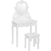 Tocador Con Espejo Y Taburete Saimeihome - 6 Cajones, 6 Estantes, Luz LED, 90x40x140 Cm, Blanco
