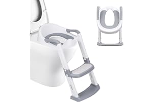 DEANIC Reducteur Toilette Enfant Rehausseur Toilette Enfant avec Marche, Réducteur Toilette Enfant avec PU Coussin Moelleux, Adaptateur Toilette Enfant, Siege Toilette Enfant de 1 à 7 ans (Gris)