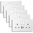 CNBINGO Double Switched Socket with 20W PD USB C and A Fast Charging Ports, Electric Power Sockets 2 Gang 13 Amp, Wall Outlet White PC Panel, 5 Pack